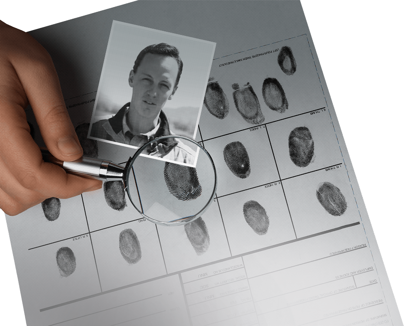 Magnifying glass looking over Dylan Roberts headshot and criminal fingerprints